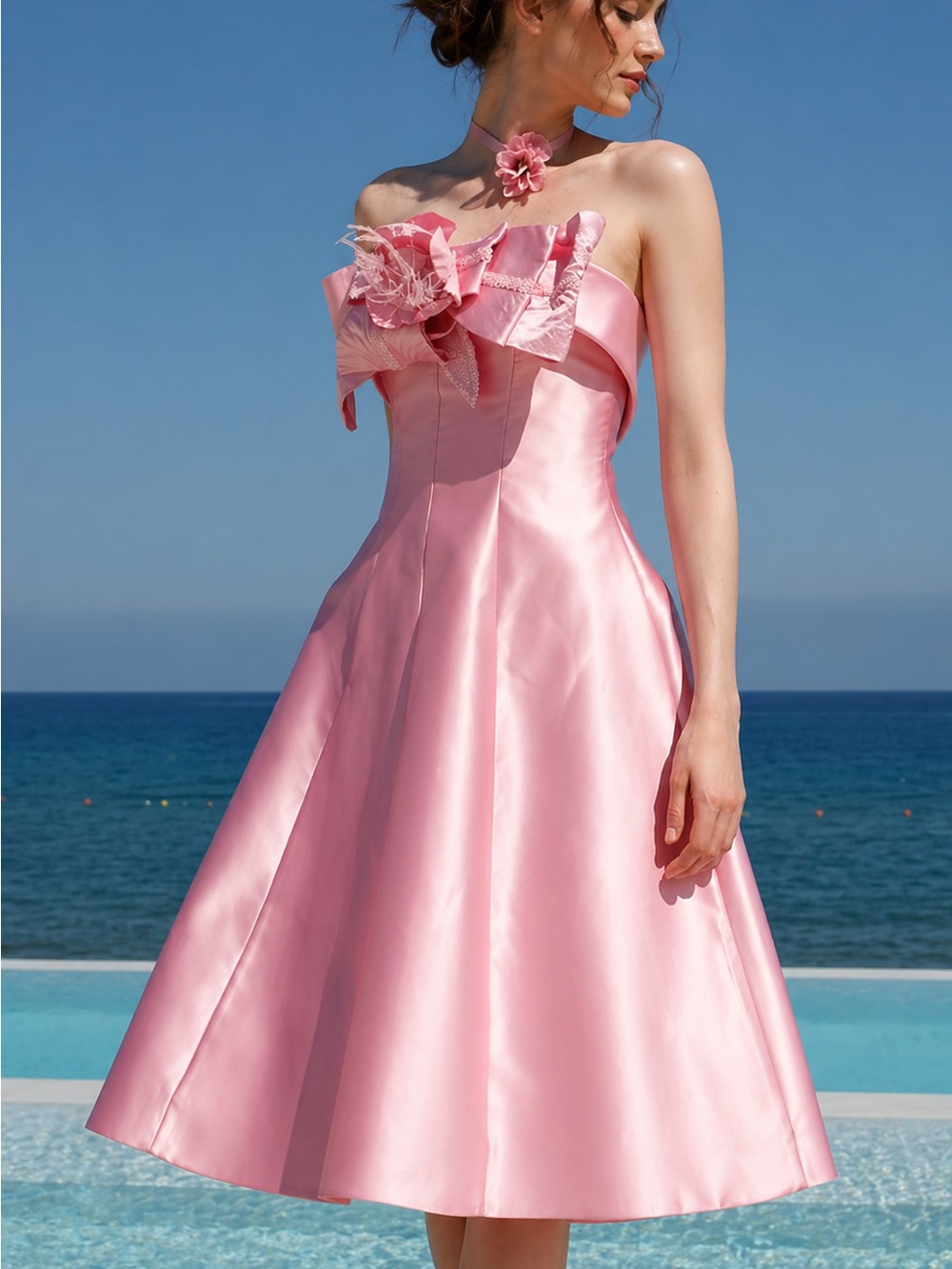 Strapless Pink Satin Tea-Length Dress